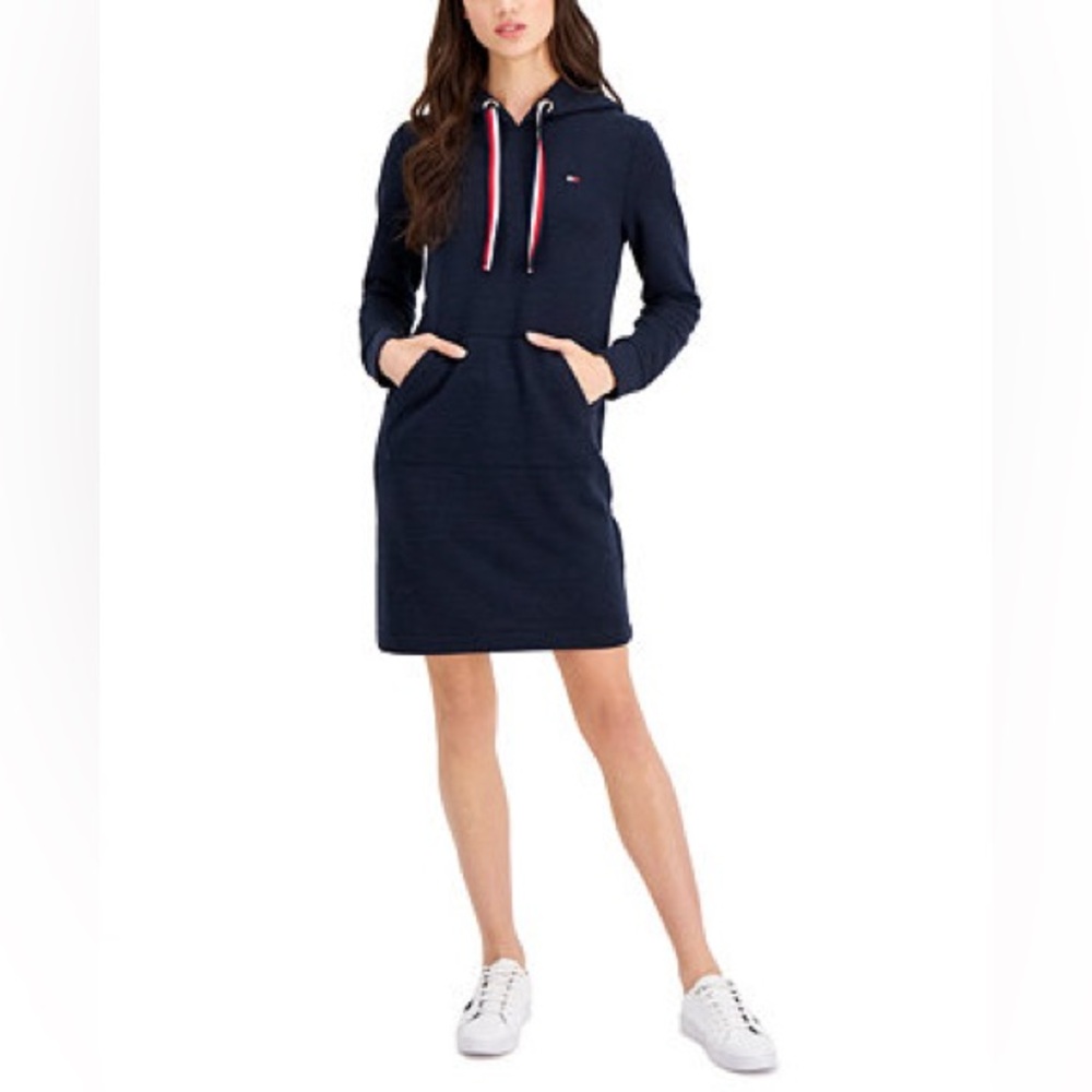 NWT Tommy Hilfiger Woman Hooded Ribbed Navy Blue Sweatshirt Dress M